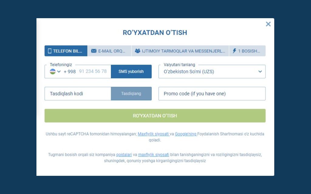 1xbet kazinosida ro'yxatdan o'tish